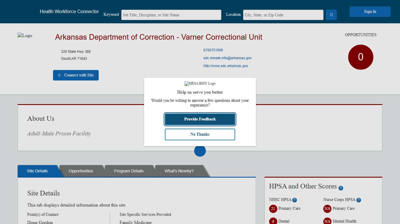 Health Workforce Connector - Site Profile Page