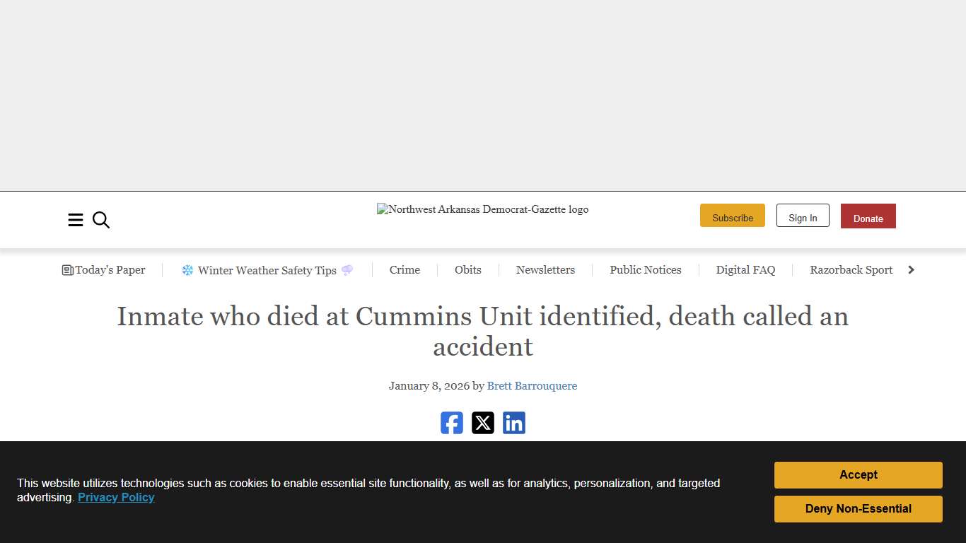 Inmate who died at Cummins Unit identified, death called an accident Northwest Arkansas Democrat-Gazette